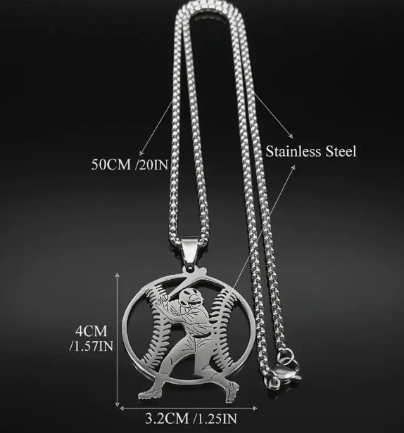Silver Baseball Player Stainless Steel Chain Necklace