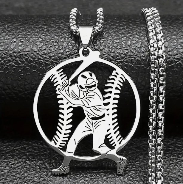 Silver Baseball Player Stainless Steel Chain Necklace