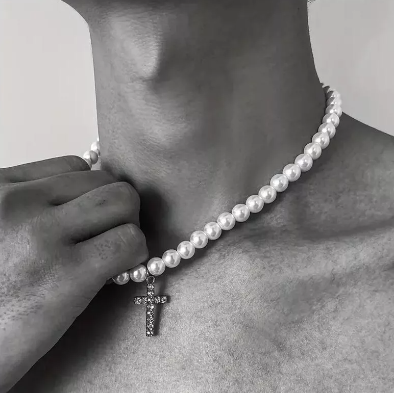 Iced Cross Pendant Pearl Chain Necklace