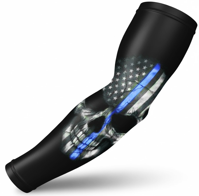 Police Blue Line Skull Flag Stretch Compression Arm Sleeve