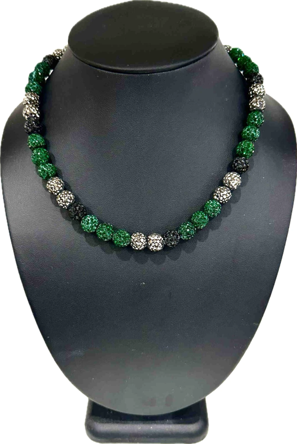 Iced Bling Disco Ball Rhinestone Crystal Bead Baseball Necklace Green Black Silver