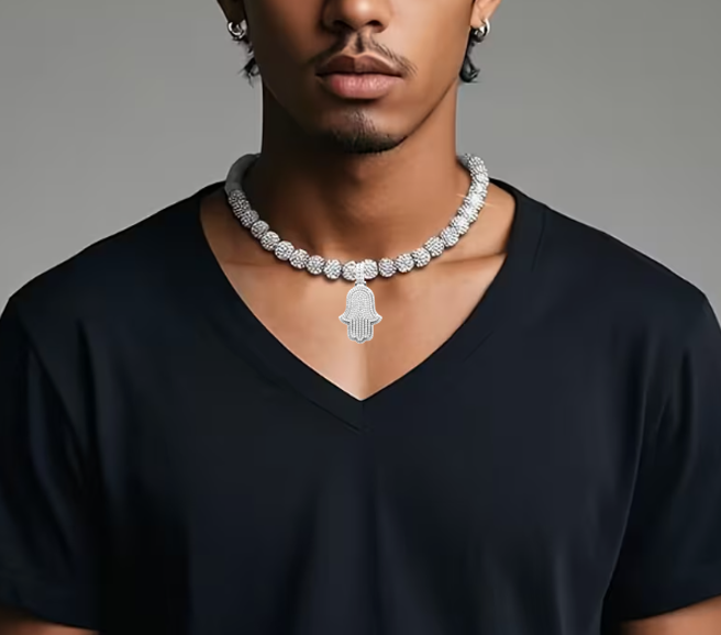 Iced Black Disco Ball Rhinestone Bead Baseball Necklace with Silver Hamsa Pendant (Copy)