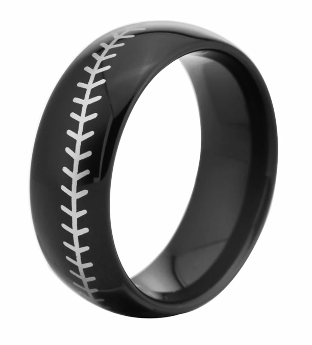 Tungsten Carbide Brushed Steel Baseball Player Stitch 8mm Domed Ring Band Black