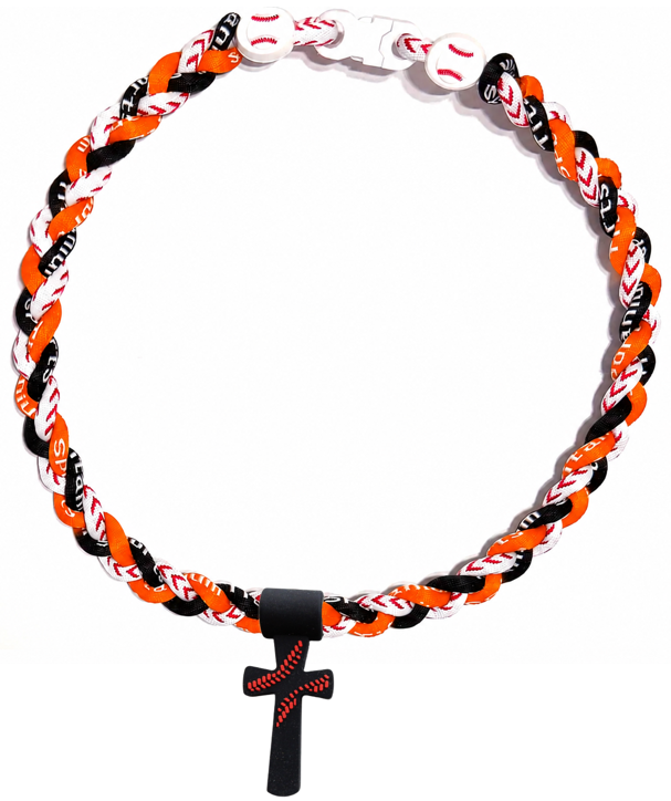 Tornado 3 Rope Necklace Baseball Stitch Clasp Orange White Black + Black Cross