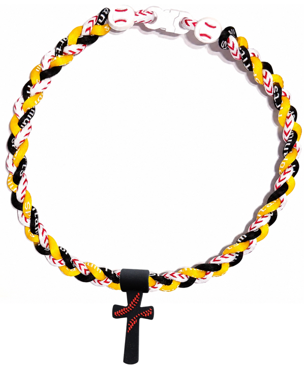 Tornado 3 Rope Necklace Baseball Stitch Clasp Yellow White Black + Black Cross