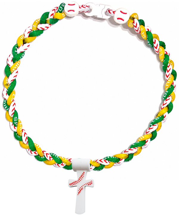 Tornado 3 Rope Necklace Baseball Stitch Clasp Green Yellow White + White Cross