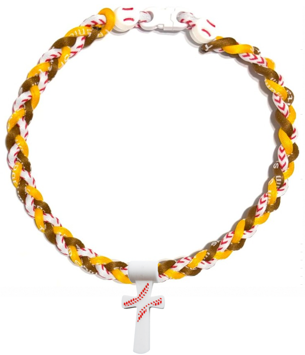 Tornado 3 Rope Necklace Baseball Stitch Clasp Brown Yellow White Padres + White Cross