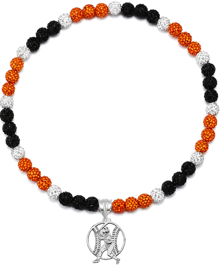 Rhinestone Disco Ball Bead Baseball Necklace + Stainless Steel Baseball Pendant, Orange Black