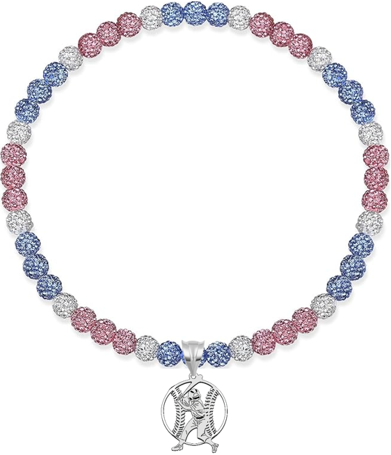 Rhinestone Disco Ball Bead Baseball Necklace + Stainless Steel Baseball Pendant, Pink Blue
