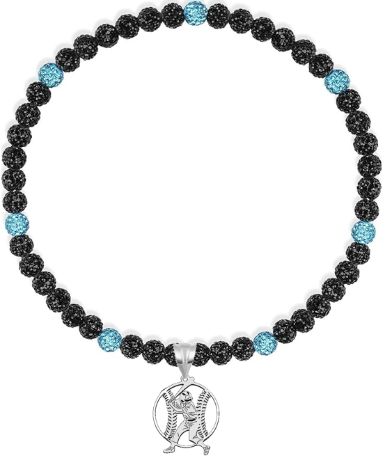 Rhinestone Disco Ball Bead Baseball Necklace + Stainless Steel Baseball Pendant, Black Teal
