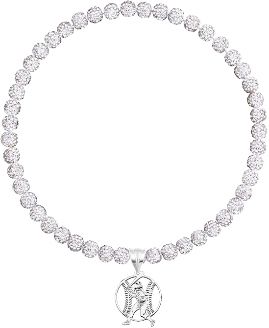 Rhinestone Disco Ball Bead Baseball Necklace + Stainless Steel Baseball Pendant, White Silver