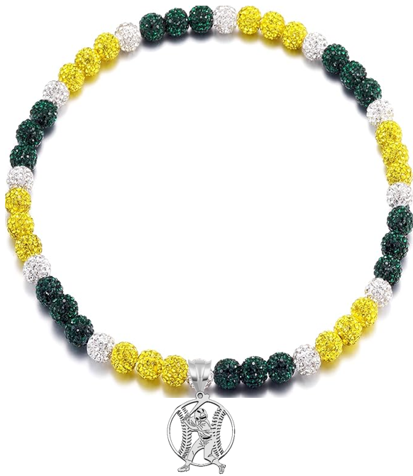 Rhinestone Disco Ball Bead Baseball Necklace + Stainless Steel Baseball Pendant, Green Yellow
