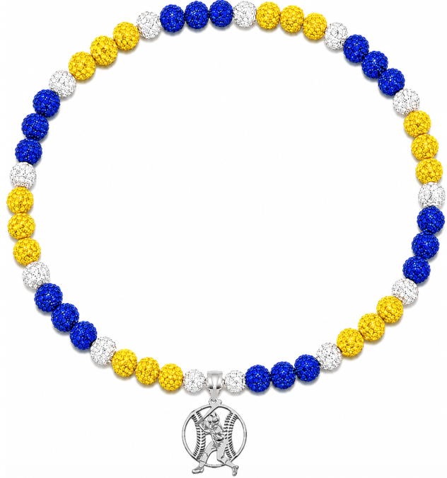 Rhinestone Disco Ball Bead Baseball Necklace + Stainless Steel Baseball Pendant, Royal Blue Yellow