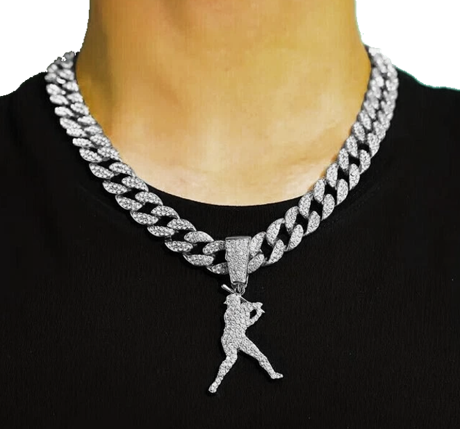 Iced Silver Baseball Player Swingman Pendant Chain Cuban Necklace