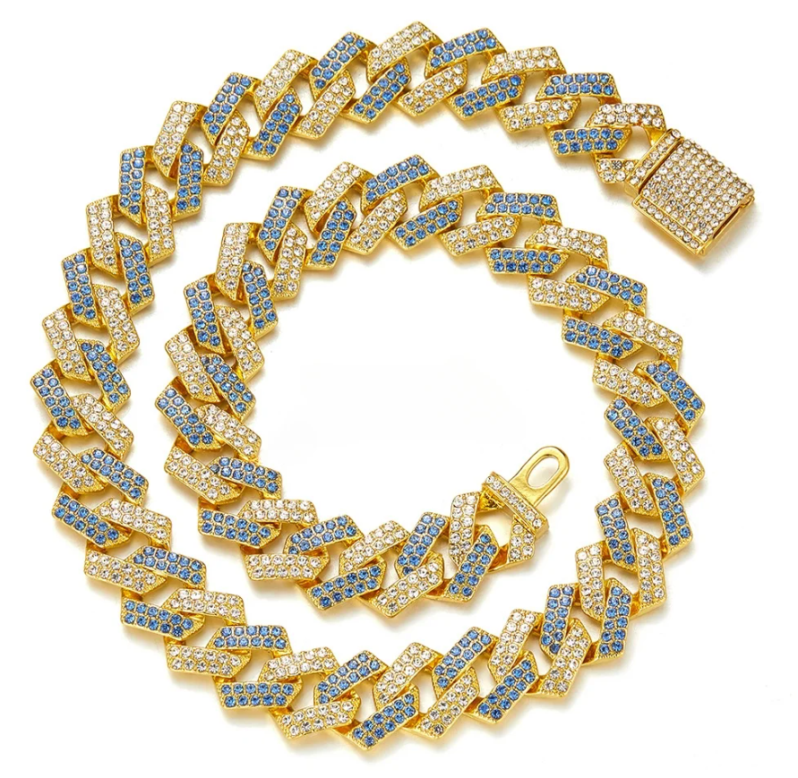 Hip Hop Miami Vice Blue Iced Bling CZ 14K Gold Plated Cuban Link Baseball Chain Necklace 20"