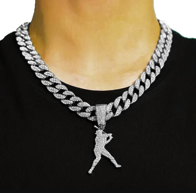 Iced Silver Baseball Player Swingman Pendant Chain Cuban Necklace