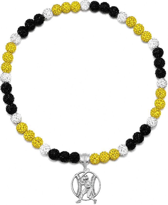 Rhinestone Disco Ball Bead Baseball Necklace + Stainless Steel Baseball Pendant, Yellow Black