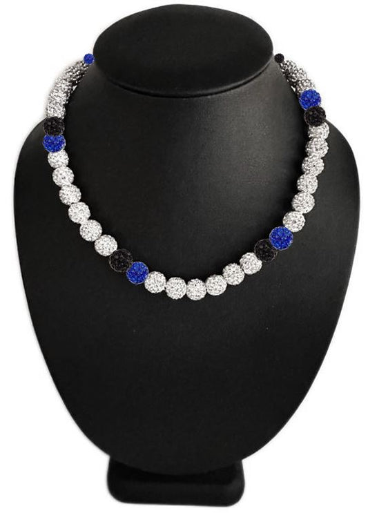 Iced Bling Disco Ball Rhinestone Crystal Bead Baseball Necklace Silver Snow Collection Royal Blue