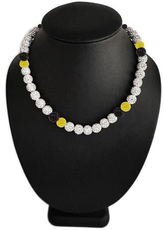 Iced Bling Disco Ball Rhinestone Crystal Bead Baseball Necklace Silver Snow Collection Black Yellow