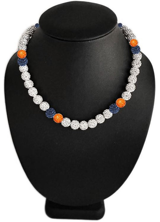 Iced Bling Disco Ball Rhinestone Crystal Bead Baseball Necklace Silver Snow Collection Navy Blue Orange