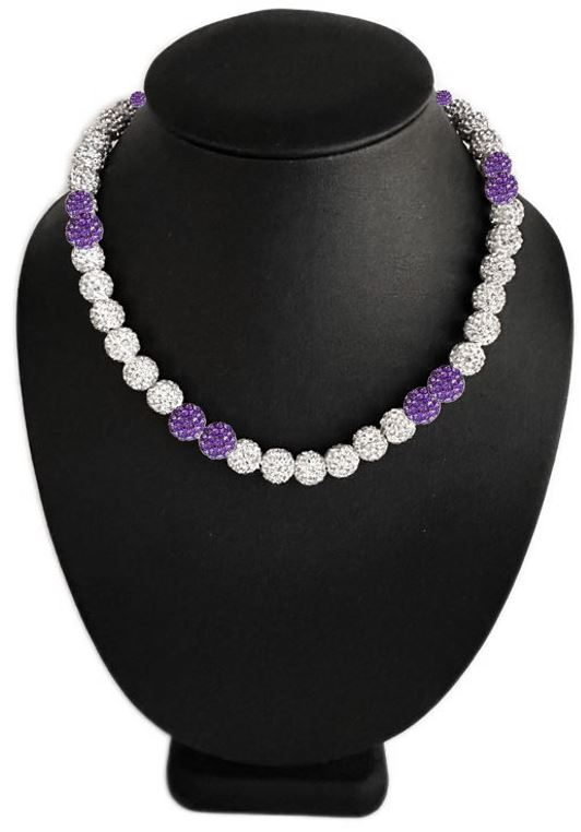 Iced Bling Disco Ball Rhinestone Crystal Bead Baseball Necklace Silver Snow Collection Purple