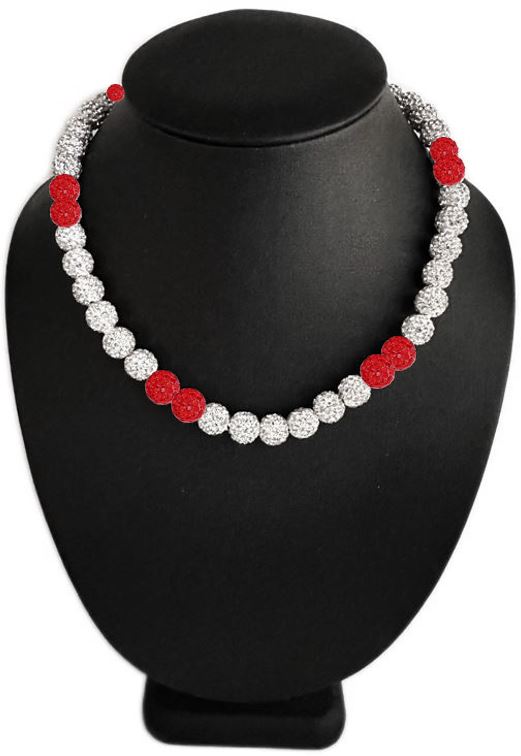 Iced Bling Disco Ball Rhinestone Crystal Bead Baseball Necklace Silver Snow Collection Red
