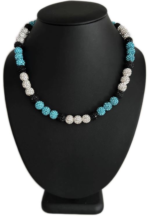 Iced Bling Disco Ball Rhinestone Pollyanna Crystal Bead Baseball Necklace Teal Blue Black