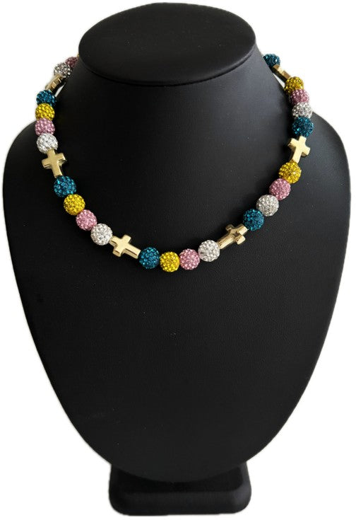 Iced Bling Disco Ball Rhinestone Bead Baseball Drip Necklace Teal Pink White, Gold Cross