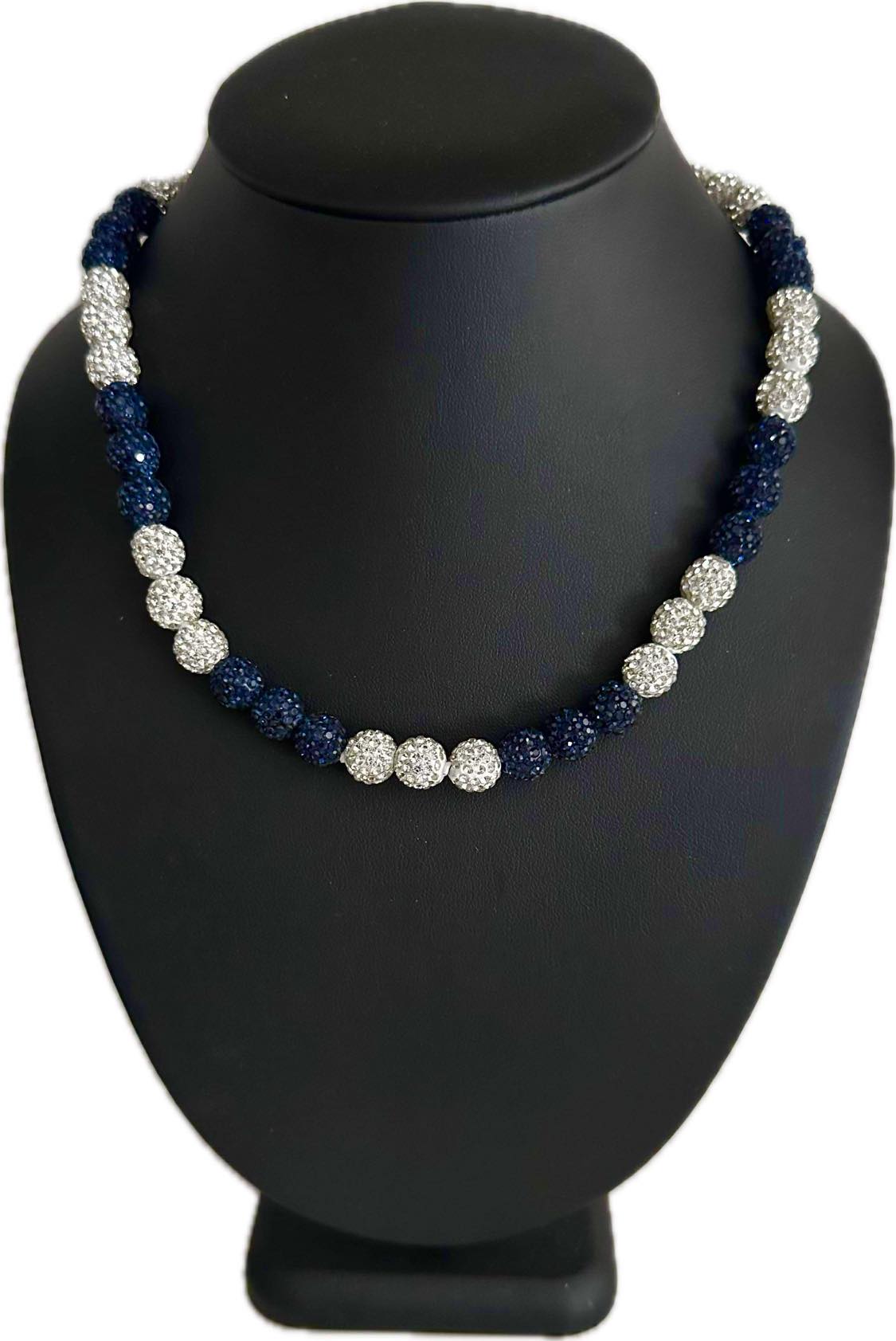 Iced Bling Disco Ball Rhinestone Crystal Bead Baseball Necklace Navy Blue, White