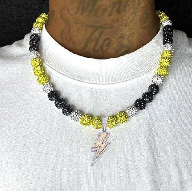 Iced Bling Disco Ball Rhinestone Pollyanna Crystal Bead Baseball Softball Necklace Yellow, Black + Lightning Pendant