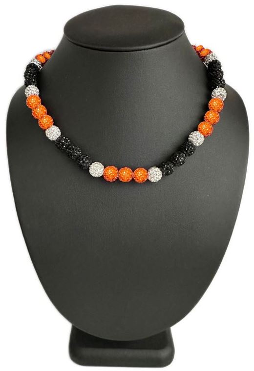 Iced Bling Disco Ball Rhinestone Crystal Bead Baseball Necklace Orange Black