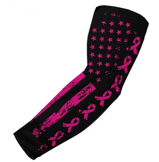 Sports Compression Arm Sleeve Pink Ribbon Cancer Awareness Black Flag