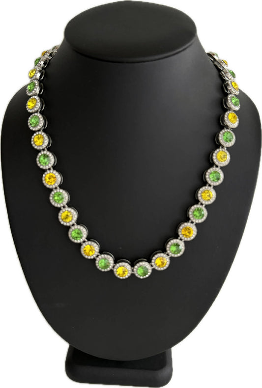 Team Colors Collection Iced CZ Silver Cluster Baseball Player Chain Necklace Green Yellow