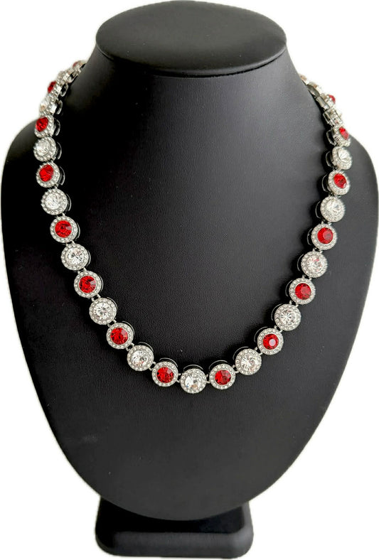 Team Colors Collection Iced CZ Silver Cluster Baseball Player Chain Necklace Red White