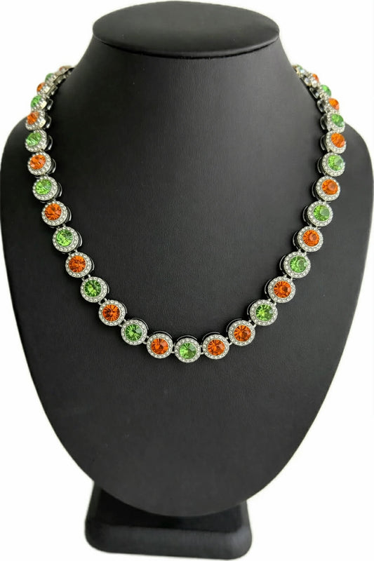 Team Colors Collection Iced CZ Silver Cluster Baseball Player Chain Necklace Orange Green