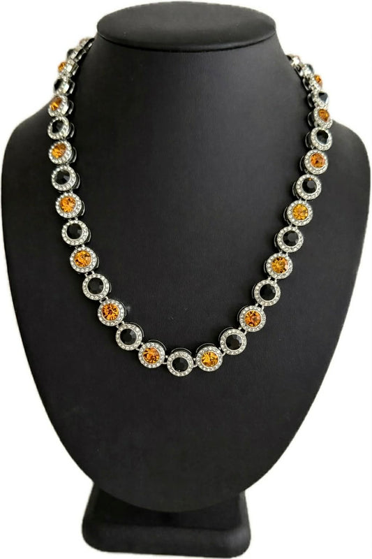 Team Colors Collection Iced CZ Silver Cluster Baseball Player Chain Necklace Orange Black