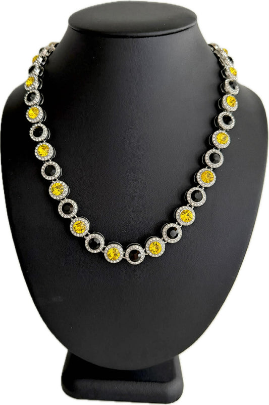 Team Colors Collection Iced CZ Silver Cluster Baseball Player Chain Necklace Black Yellow