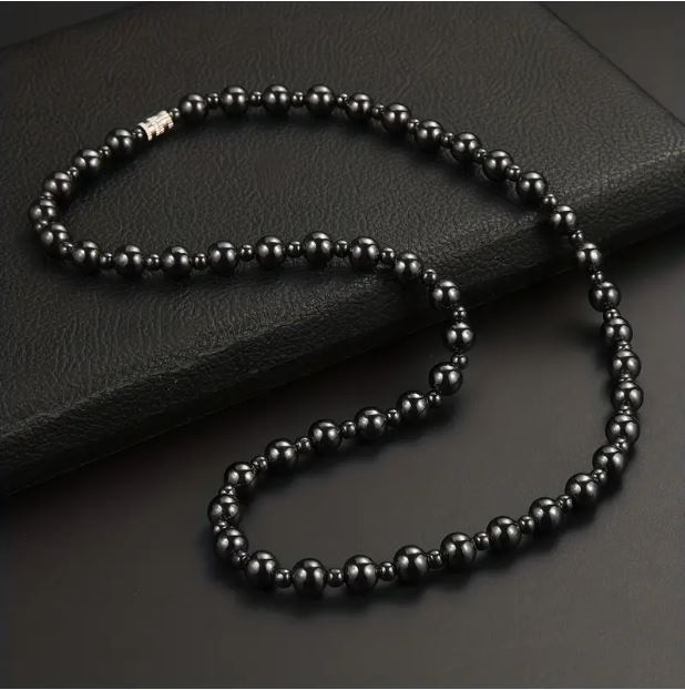 Magnetic Black Hematite 8mm Beaded Ball Chain Drip Necklace
