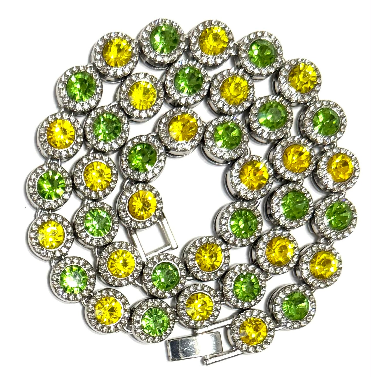 Team Colors Collection Iced CZ Silver Cluster Baseball Player Chain Necklace Green Yellow