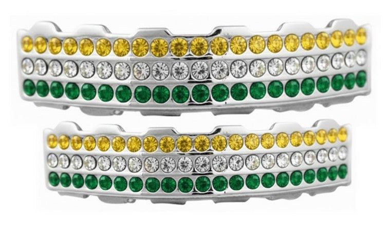 Team Color Silver Iced CZ Teeth Bling Grillz Green Yellow
