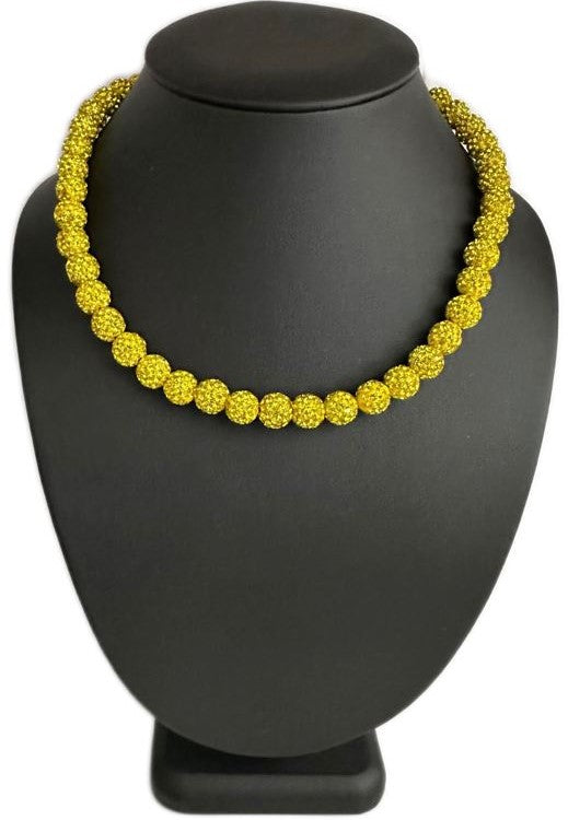 Iced Bling Disco Ball Rhinestone Crystal Bead Baseball Necklace Yellow