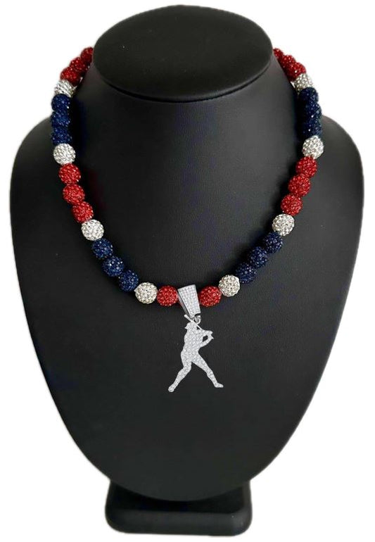 Iced Bling Disco Ball Rhinestone Crystal Bead Baseball Necklace Red, White, Navy  + Player Swing Pendant