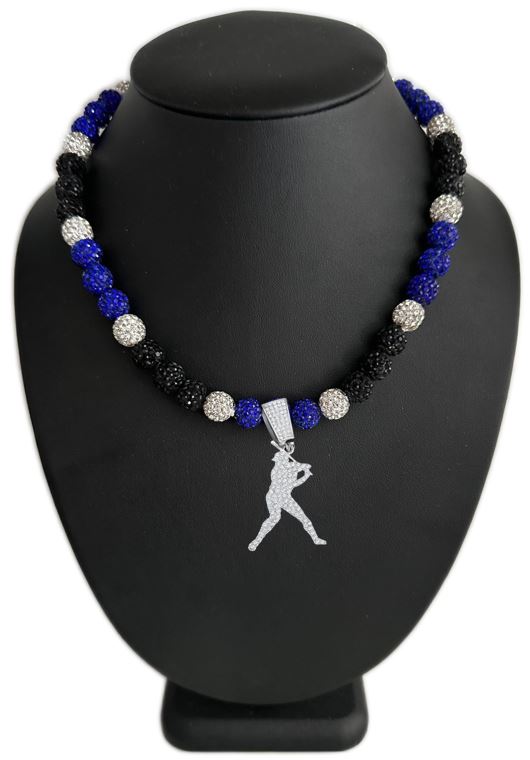 Iced Bling Disco Ball Rhinestone Crystal Bead Baseball Necklace Black, Royal + Player Swing Pendant