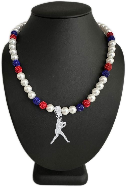 Iced Bling Disco Ball Rhinestone Crystal Bead Baseball Necklace Red, Pearl White, Royal  + Player Swing Pendant