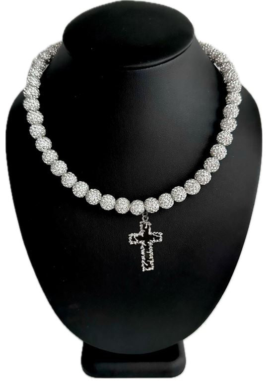 Iced Bling Disco Ball Rhinestone Crystal Beaded Baseball Drip White Snow Necklace + Barbed Wire Cross Pendant