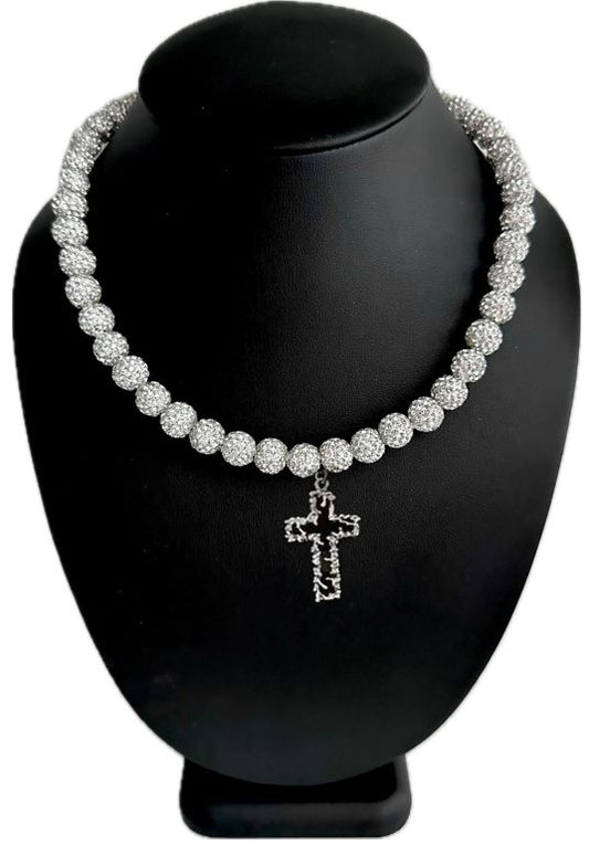 Iced Bling Disco Ball Rhinestone Crystal Beaded Baseball Drip White Snow Necklace + Barbed Wire Cross Pendant
