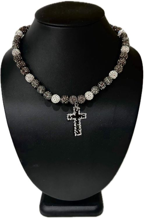 Iced Bling Disco Ball Rhinestone Crystal Beaded Baseball Drip Silvered Hematite Necklace + Barbed Wire Cross Pendant