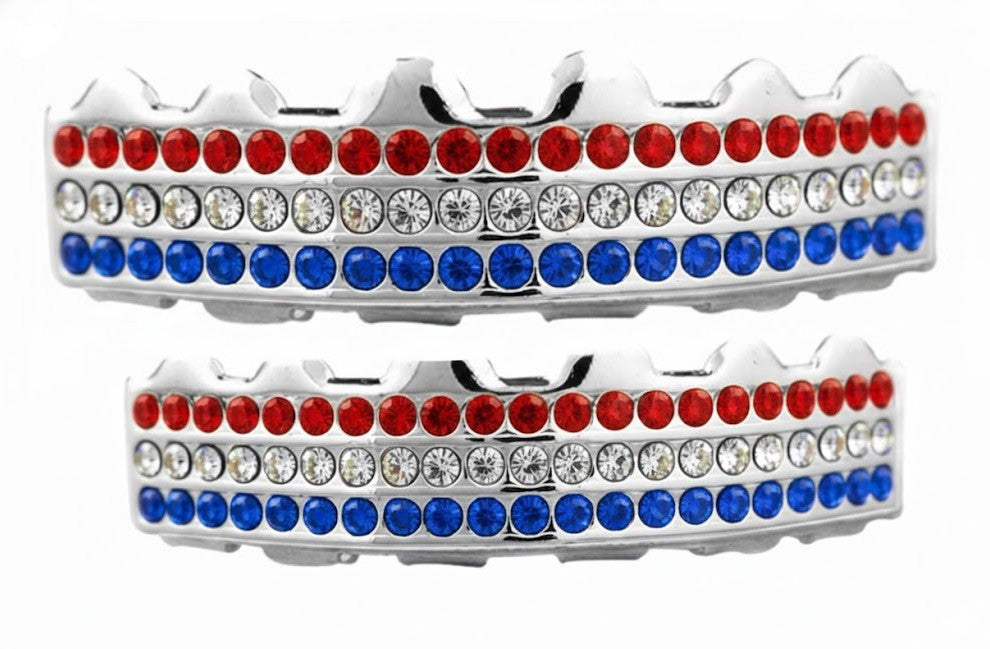 Team Color Silver Iced CZ Teeth Bling Grillz Red White Blue