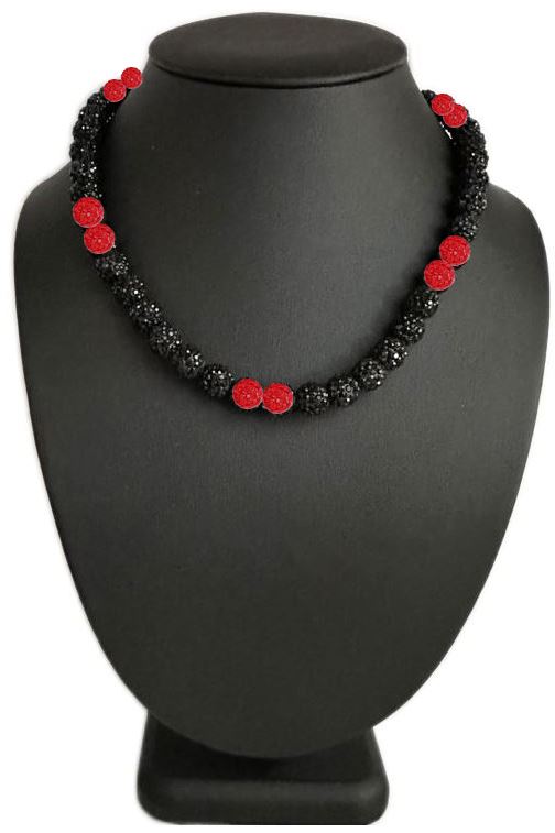 Iced Bling Disco Ball Rhinestone Crystal Bead Baseball Necklace Black Out Collection Red