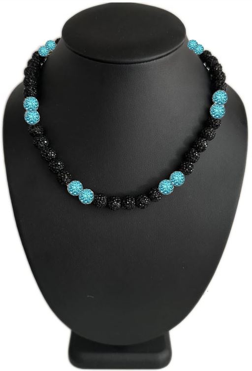 Iced Bling Disco Ball Rhinestone Crystal Bead Baseball Necklace Black Out Collection Sky Blue